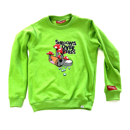 “Shrooms Over Percs” Dark Green Fleece Crewneck